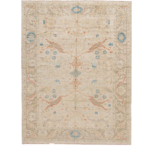 Modern Sultanabad Handmade Beige Floral Wool Rug For Sale