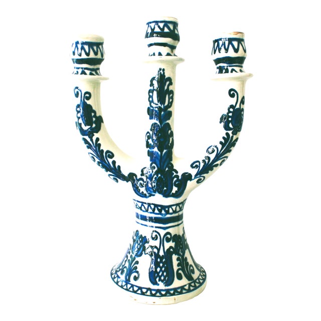 Hungarian Folk Art Earthenware Pottery Candelabra/Cobalt Blue For Sale