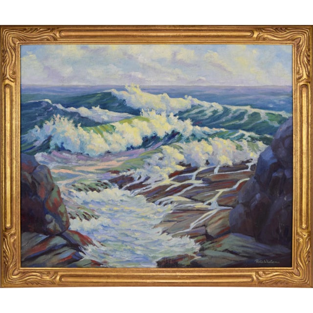 Teal Vintage Cape Ann Rockport Plein Air Seascape Oil on Canvas "Halibut Rock" by Weitsma, Framed For Sale - Image 8 of 8