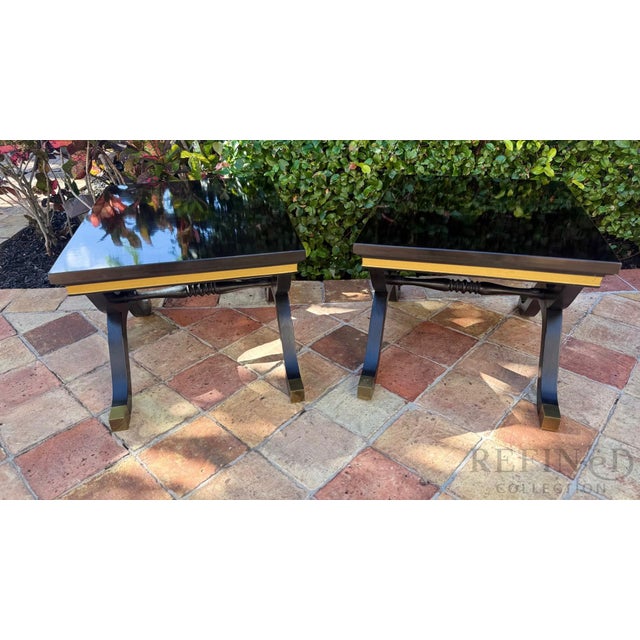 Hollywood Regency Pair of Hollywood Regency Black Lacquer & Gilt Side Tables by Heritage Furniture, Circa 1980s For Sale - Image 3 of 15