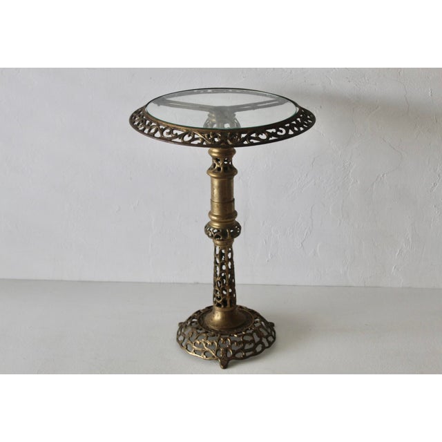 1970s Pierced Reticulated Brass Pedestal Glass Top Drinks Side Table For Sale - Image 15 of 18