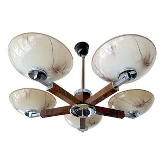 Art Deco Pendant Light in Wood and Glass, 1930s For Sale