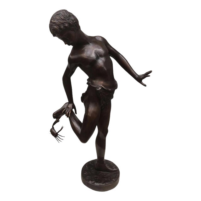 Italian Bronze Boy with Crab Figural Garden Sculpture For Sale