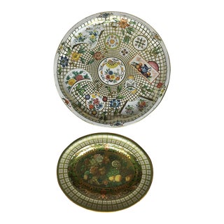 Vintage English Round Vintage Metal Chinoiserie Style Tray and Oval Bowl For Sale