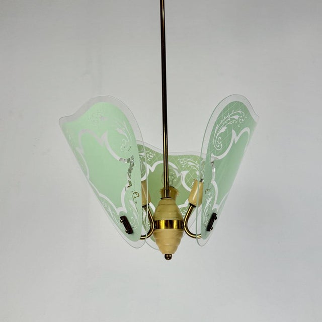 Mid-Century Italian Brass and Green Glass Leaves Pendant Light, 1950s For Sale - Image 4 of 9