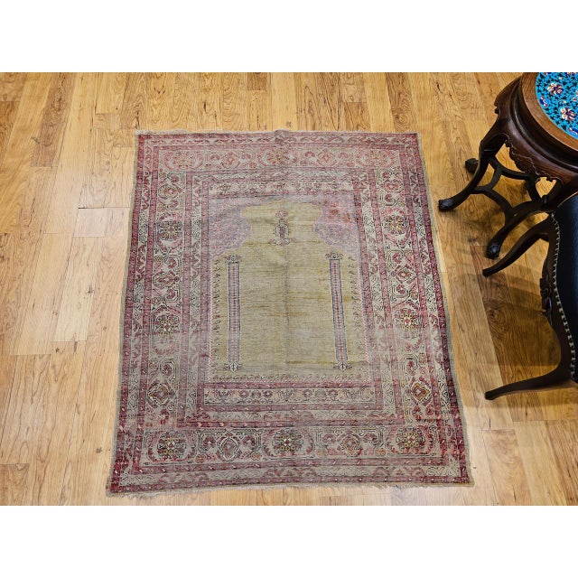 Late 19th Century Turkish Prayer Rug, Handwoven Wool, Pale Yellow, 4' x 4' For Sale - Image 4 of 16