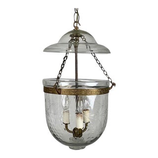 1980s Single 3 Light Cluster Etched Crystal Glass Bell Jar For Sale