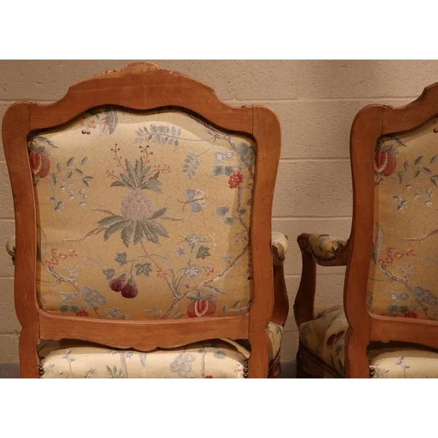 Pair of Early 20th Century French Louis XV Walnut Fauteuils With Scalamandré For Sale - Image 10 of 10