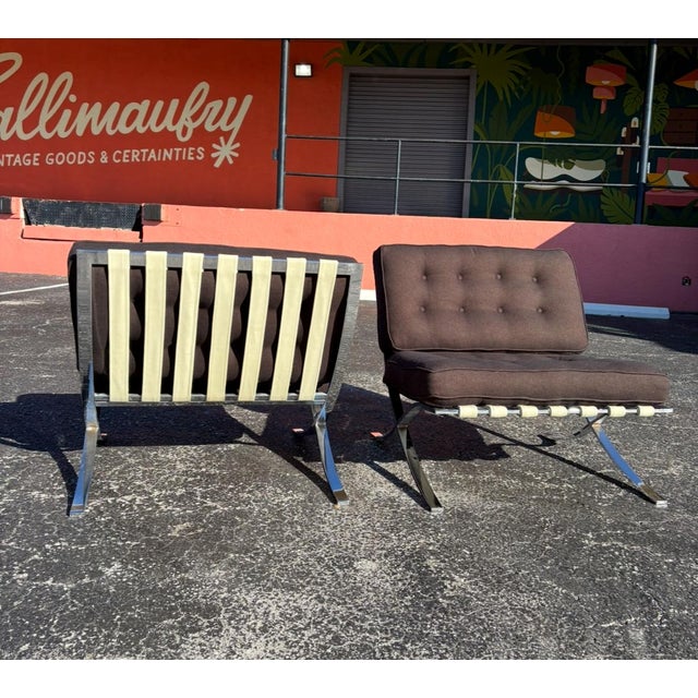 Reupholstered Mid Century Barcelona Style Chair Pair For Sale - Image 10 of 16