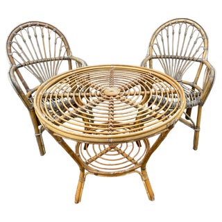 Rattan Armchairs & Table, 1960s, Set of 3 For Sale