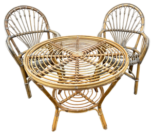 Rattan Armchairs & Table, 1960s, Set of 3