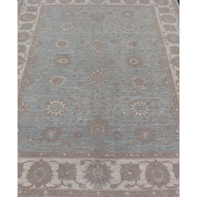 Modern Oushak by Keivan Woven Arts With Floral Design on Green-Blue Field For Sale In Atlanta - Image 6 of 12