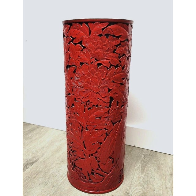 Large Beijing Carved Red Cinnabar-Style Lacquer Floor Vase or Umbrella Stand With Peonies & Pheasant For Sale - Image 4 of 12