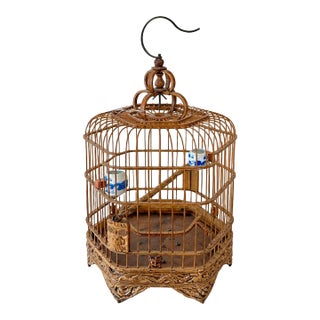 Vintage Chinese Bamboo Hexagon Songbird Cage With Porcelain Seed Cups For Sale