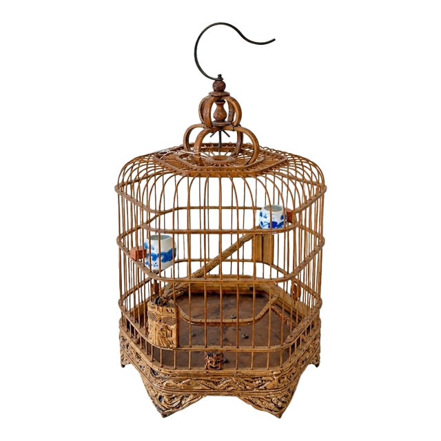 Vintage Chinese Bamboo Hexagon Songbird Cage With Porcelain Seed Cups For Sale