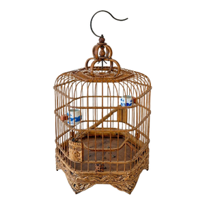Vintage Chinese Bamboo Hexagon Songbird Cage With Porcelain Seed Cups