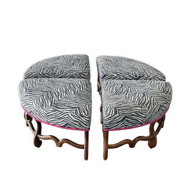 Late 20th Century Custom Round Four Piece Ottoman Set, Blue Zebra Print For Sale - Image 5 of 12