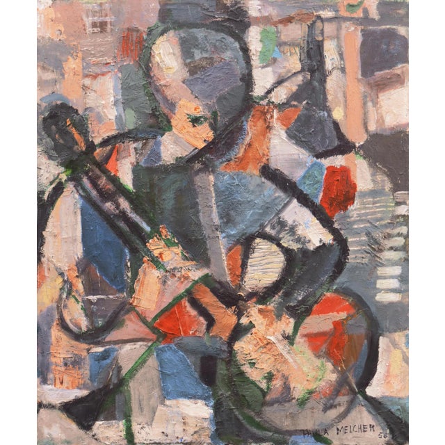 'Man Playing a Banjo' by Paula Melcher, 1956, Cubist Style Figurative Oil Painting By For Sale