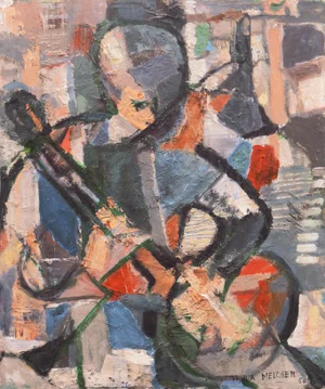 'Man Playing a Banjo' by Paula Melcher, 1956, Cubist Style Figurative Oil Painting By