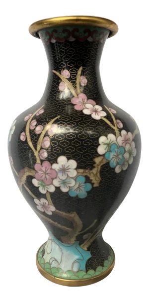 Black Chinese Cloisonné Floral Plum Blossom and Peony Vase