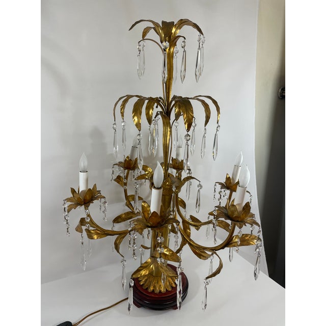 Mid 20th Century Italian Gilt Tole and Crystals Electric Candelabra Lamp For Sale - Image 6 of 18