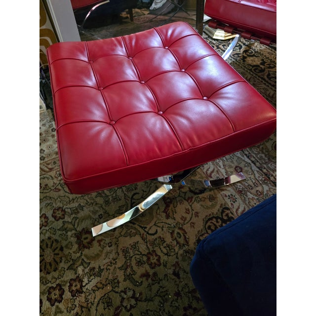 Metal Attributed Knoll Barcelona Chair & Matching Ottoman – Early 1960s Chrome Frame, Custom Red Leather, Laurel Canyon Provenance For Sale - Image 7 of 15