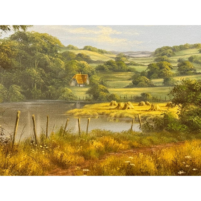 Green Lush Green English Countryside with Cottage & River by British Landscape Artist 1980 Circa For Sale - Image 8 of 18