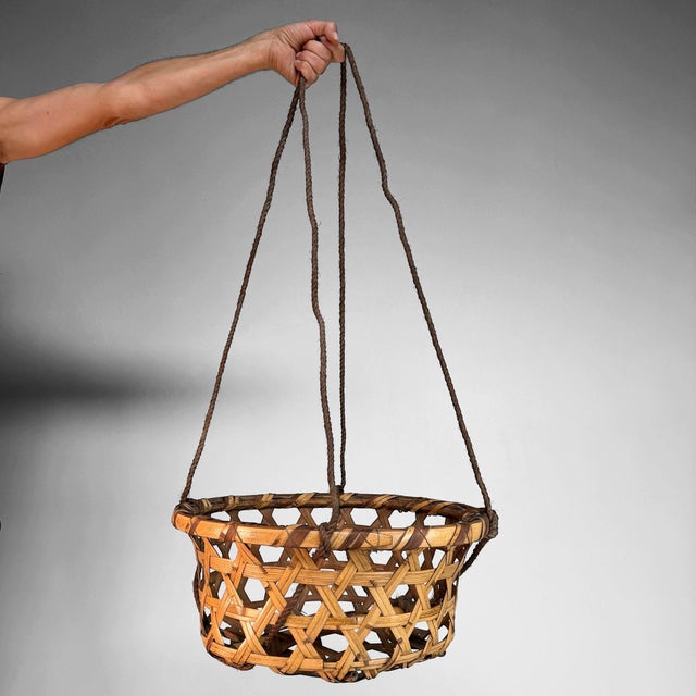 Japanese Bamboo Hanging Basket, 1950s For Sale - Image 13 of 15