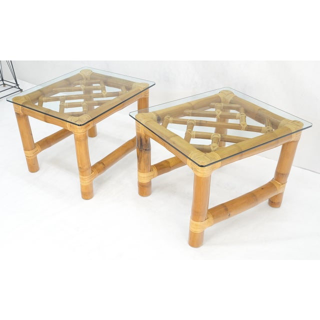 Pair Thick Bamboo Glass Top Rectangle Glass Top End Side Lamp Tables MINT For Sale - Image 9 of 18
