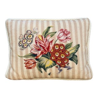 Vintage Striped Tulip Floral Needlepoint Pillow With Rope Trim Cord For Sale