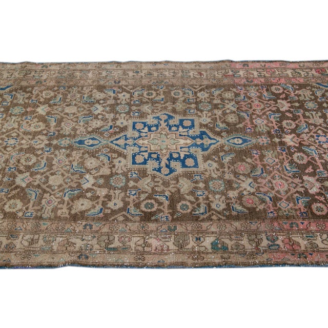 1960s Vintage Distressed Handmade Brown Medallion Wool Rug For Sale - Image 4 of 7