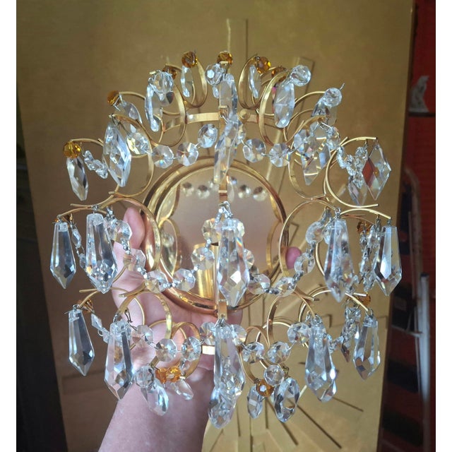 1950s Luxe 1950's Hollywood Regency 24k Plate Frame Austrian Crystal 1/2 Orb Wall Sconces Attributed to Palwa a - Pair For Sale - Image 5 of 17
