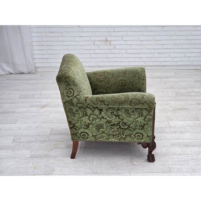 Danish Armchair in Green Velour and Carved Oak, 1950s For Sale - Image 11 of 18