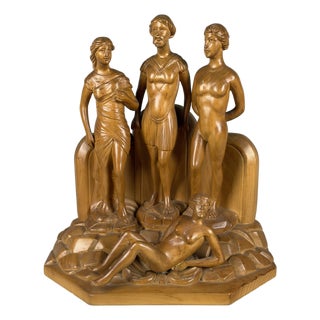 Art Deco Style Carved Wood Sculpture Group from Scurati, 1950s For Sale