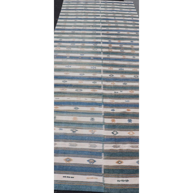 Measures: 4'6"X16'4" Vintage Turkish Cotton Kilim Rug With Teal, Blue, Cream, and Beige Stripes 4'6"x16'4". Keivan Woven...