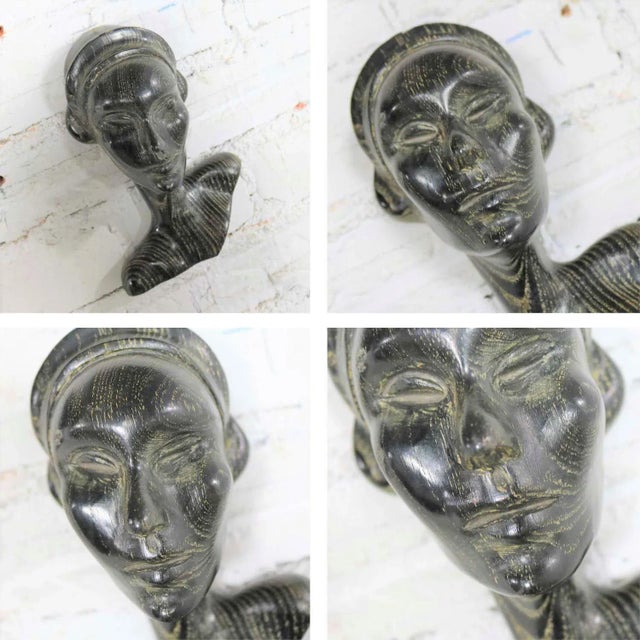 MCM to Art Deco Style Ebonized Oak Carved Female Bust Vintage Wall Sculptures, a Pair For Sale - Image 12 of 13
