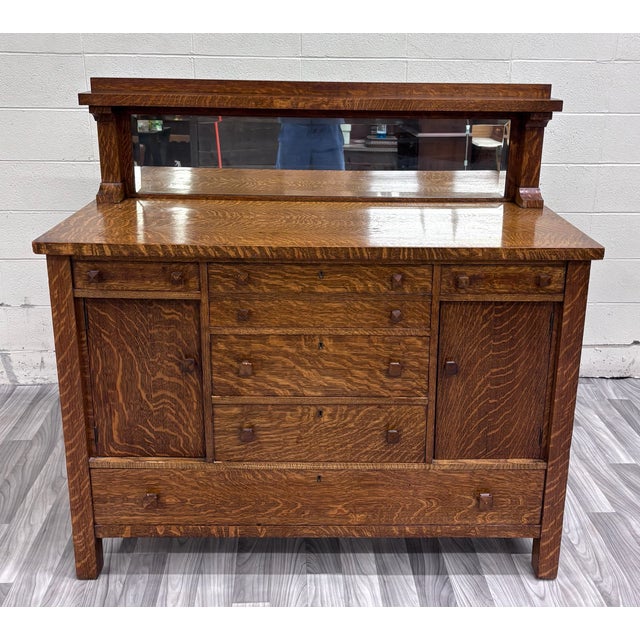 Early 20th Century Antique American Mission Arts & Crafts Tiger Oak Sideboard Buffet Console For Sale - Image 5 of 13
