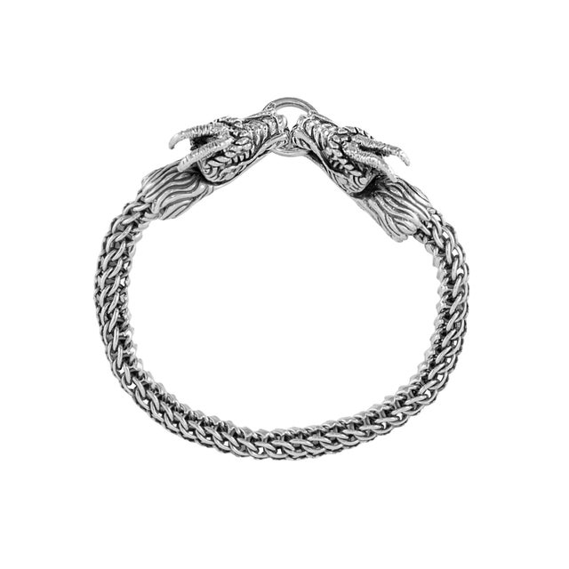 Modern Men’s Vintage Double Dragon Head 925 Sterling Silver Wheat Link Bracelet For Sale - Image 3 of 10