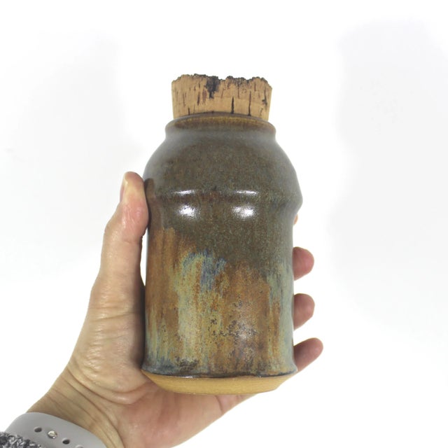 Brown Vintage Earth Tone Handmade Boho Signed Studio Pottery Jar or Pot With Cork Lid Ceramic Canister For Sale - Image 8 of 10