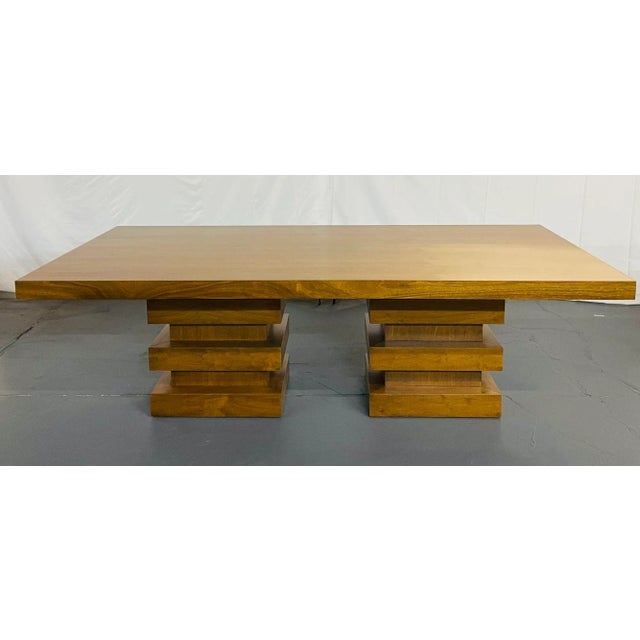 Modern Modern Oak Double Pedestal Base Dining / Conference Table, Geometric Design For Sale - Image 3 of 13