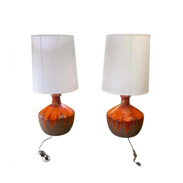 Vintage Mid Century Modern 1960s Lava Drip Glazed Ceramic Set of Table Lamps Pair For Sale - Image 10 of 11