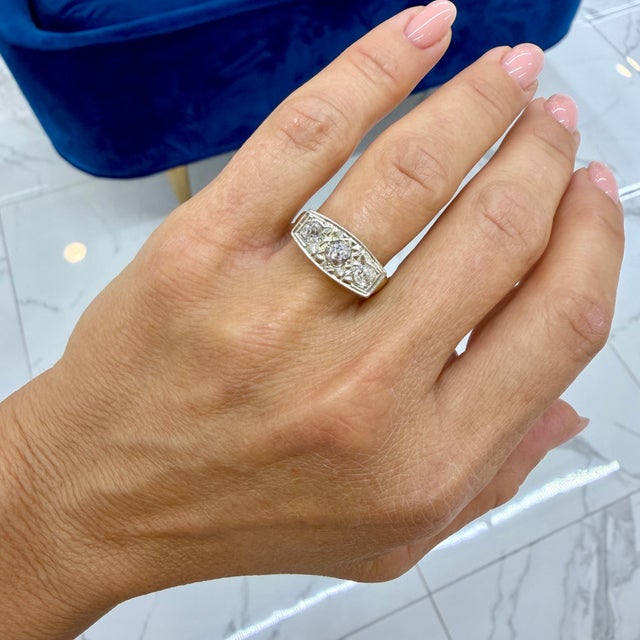Gold Antique Art Deco 18k & 14k Gold 0.70ct Old Diamond Three Stone Engagement Ring, Size 8 For Sale - Image 8 of 8