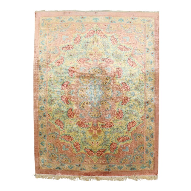 Vintage Zabihi Collection Botanical Silk Persian Qum Mini Rug - 2' x 2'7" For Sale