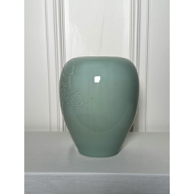 Ceramic Asian Celadon Green Embossed Porcelain Vase, Grapes & Grapevine For Sale - Image 7 of 9