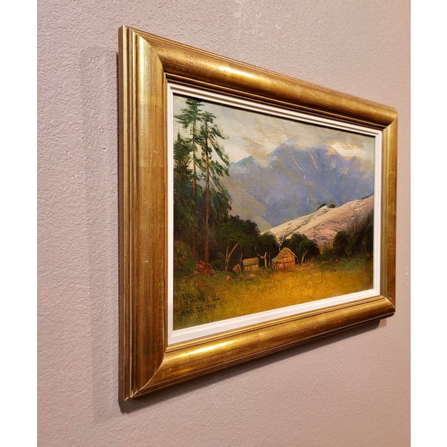 Blue James Everett Stuart-1920s Junipero Serra Peak on a Ranch House Landscape-Oil Painting For Sale - Image 8 of 9