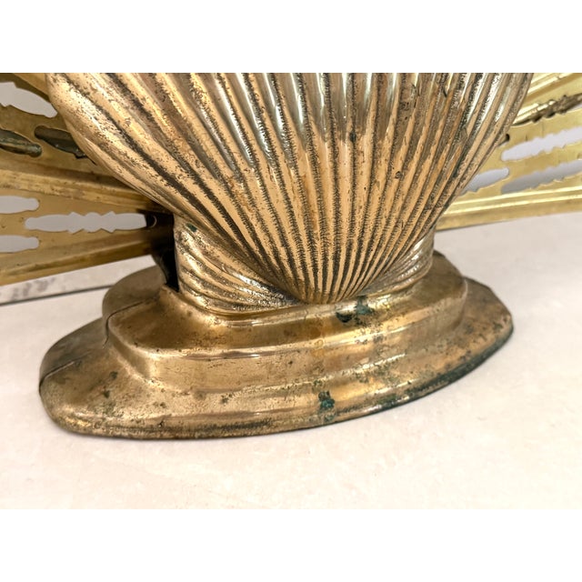 Metal Vintage Brass Peacock Folding Fireplace Screen With Shell Motif For Sale - Image 7 of 15