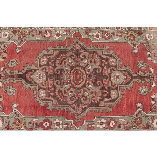 Antique Turkish Oushak Rug With Medallion in Soft Red, Light Green & Brown For Sale - Image 10 of 16