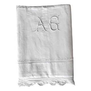 Antique French Fine Linen Ag Monogram Sheet, Hand-Drawn Thread Openwork, Exquisite Crocheted Lace Edge For Sale