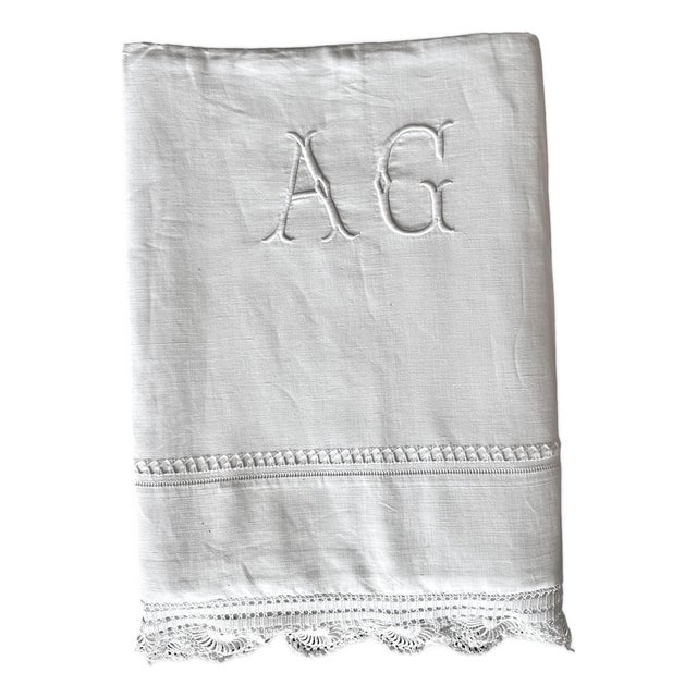 Antique French Fine Linen Ag Monogram Sheet, Hand-Drawn Thread Openwork, Exquisite Crocheted Lace Edge For Sale