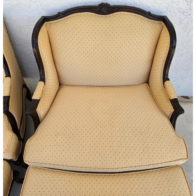 Wood Pierre Deux Style French Country Provincial Bergere Lounge Chairs & Ottoman Pair For Sale - Image 7 of 18